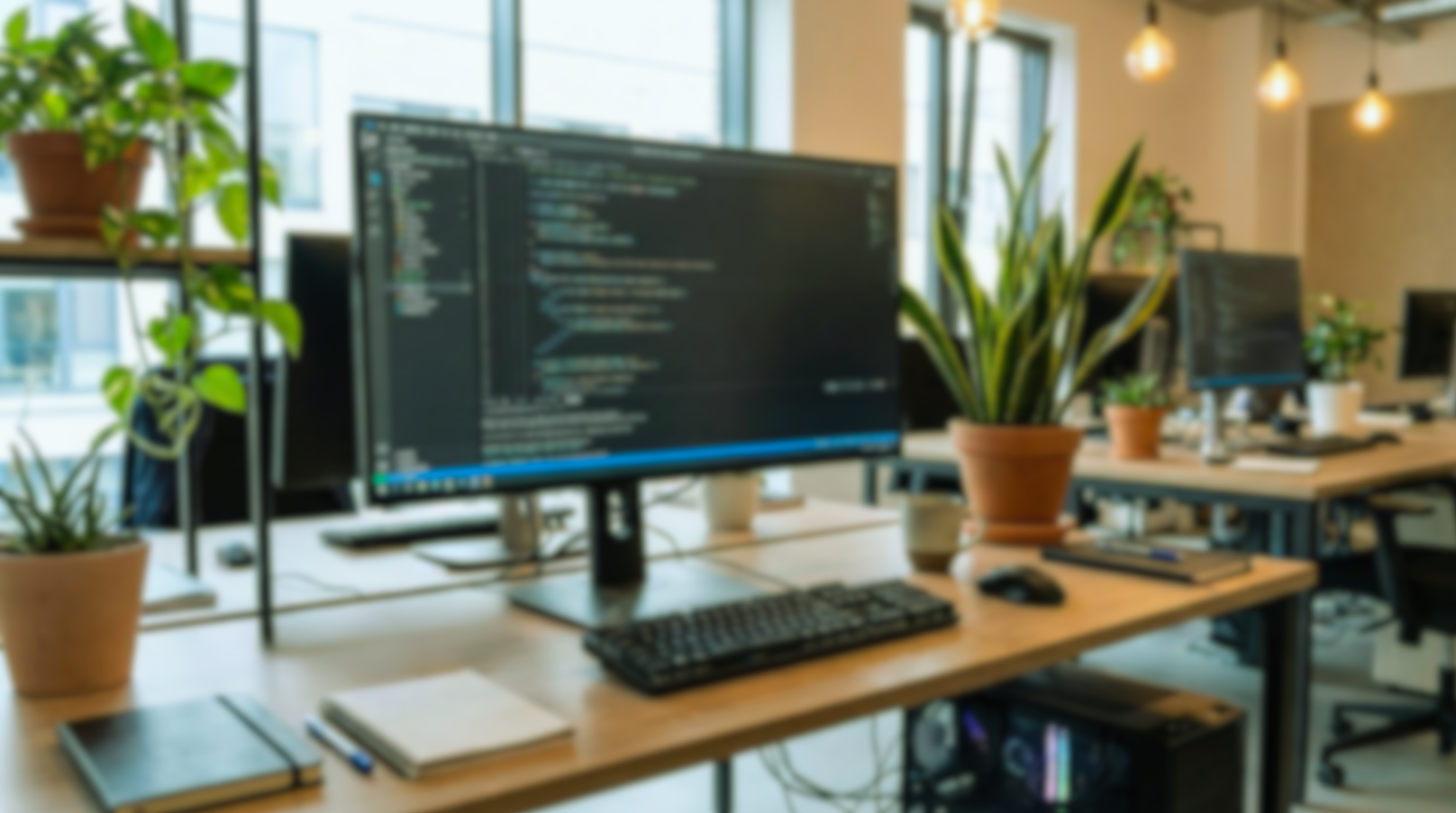 Modern office with plants and programming code on monitor.